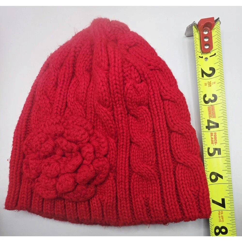 Girls Red Knit Beanie Hat with Flower Accent | Winter Warm Cap | One Size
